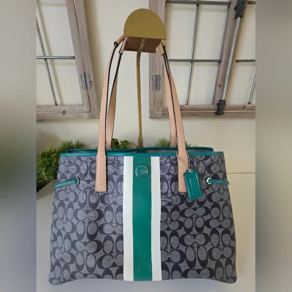 Coach Signature Stripe Large Carryall Tote-Navy Denim Look, Jade Green Stripe - Picture 16 of 16